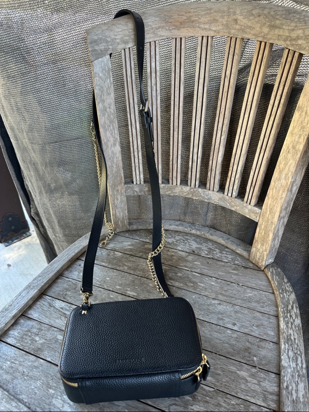 Bandolier Black Pebbled Leather Crossbody with Gold Chain Strap NWOT